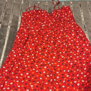 Madewell Vibrant Red Floral Ruched Wide Leg Spaghetti Strap Jumpsuit